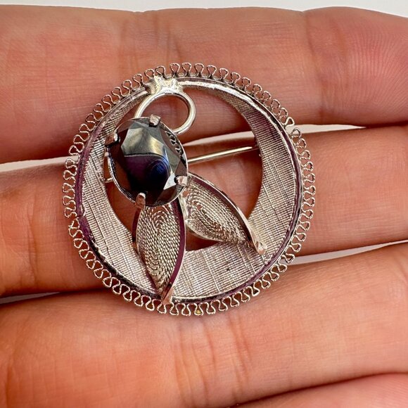 VTG Sterling SIlver 925 Hematite Flower Design Circle Brooch Size 1" Diameter - Picture 11 of 12